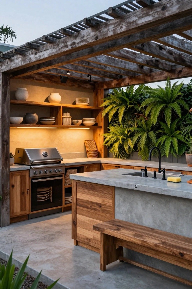 Outdoor kitchen under a weathered wooden pergola with wooden cabinets, stainless steel grill and oven, concrete countertop and sink, sponge nearby, shelves with ceramics, lush green fern wall, and wooden bench seating on a concrete floor.