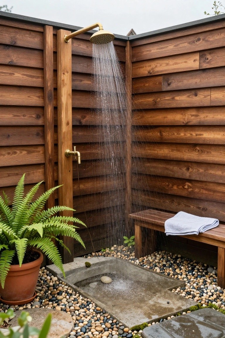 Outdoor shower enclosed by vertical wooden slats, with brass showerhead pouring water onto pebble flooring, wooden bench holding a folded towel, potted fern plant, and concrete drain.