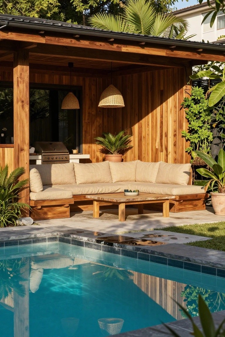 Wooden pavilion featuring built-in L-shaped beige cushioned bench seating around a low wooden table, with a barbecue grill, potted plants, hanging basket lights, and the edge of a blue-tiled infinity pool on a light gray tiled patio amid tropical greenery.