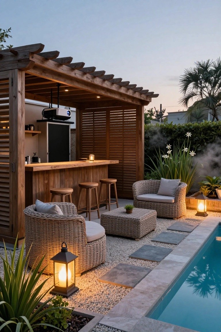 Wooden pergola with bar counter, stools, wicker chairs, coffee table, lanterns, plants, gravel ground, stepping stones, and edge of turquoise swimming pool at dusk.