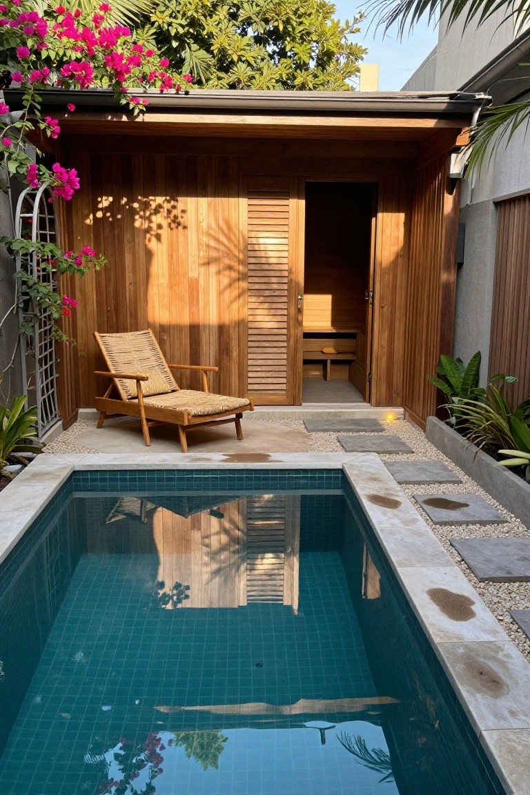 Small turquoise-tiled rectangular plunge pool adjacent to a wooden slatted sauna cabin with open door, woven lounger chair on tiled patio, tropical plants and pebble paths around.