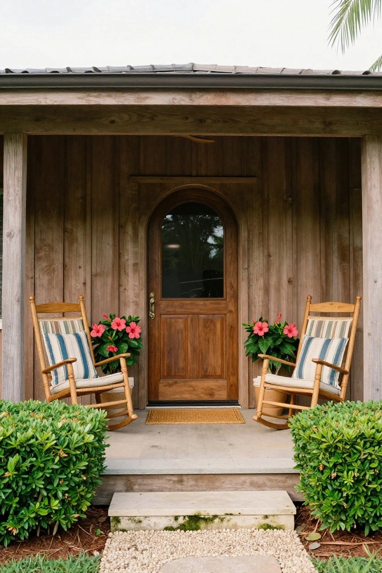 Wooden covered porch with arched glass door, two oak rocking chairs with blue-and-white striped cushions and pillows, pink hibiscus plants in pots beside each chair, flanked by boxwood shrubs, concrete steps, and gravel path.