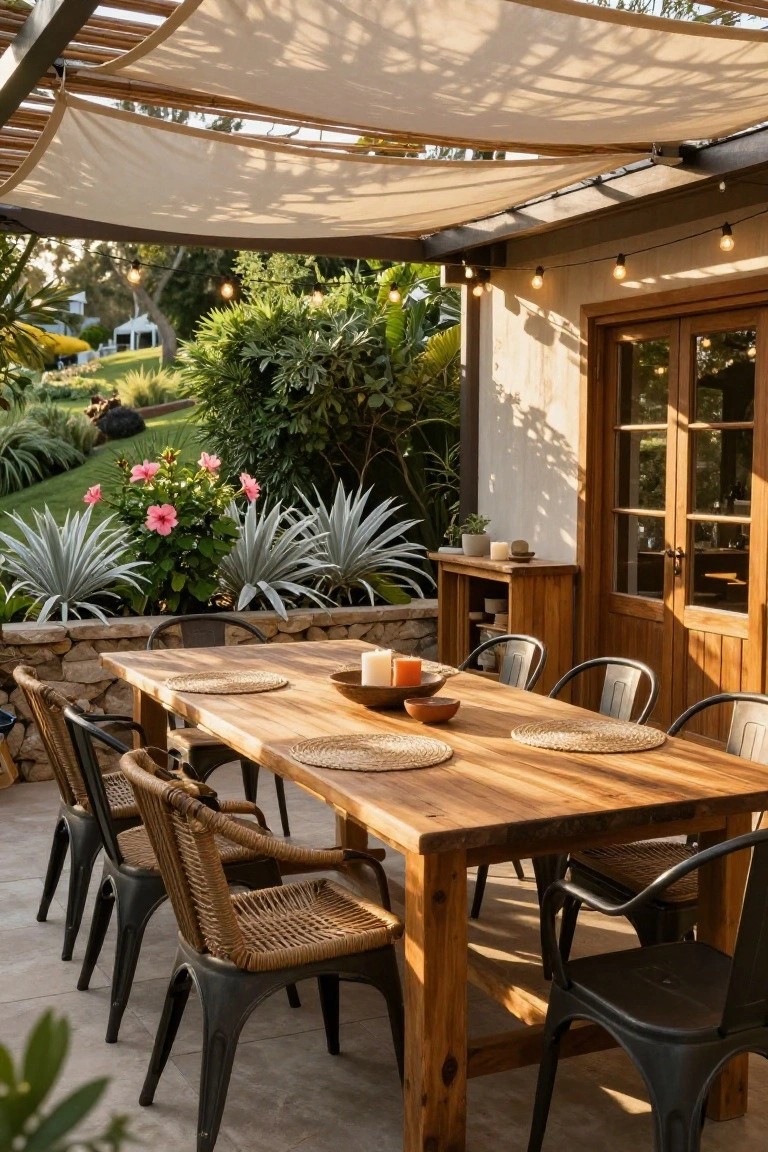 Outdoor patio under beige fabric shade sails with a long rustic wooden dining table, woven placemats, mixed rattan and black metal chairs, tropical plants, stone wall, and wooden doors to the house.