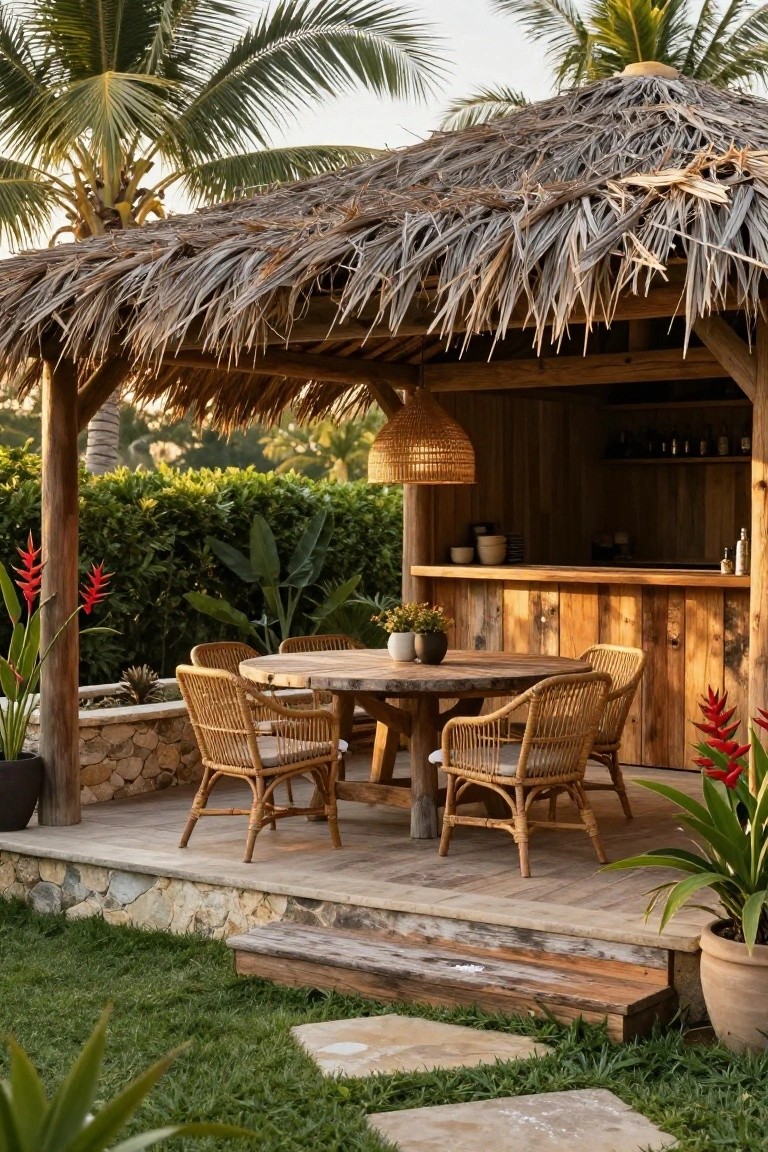 Wooden bar with thatched roof shelter on a deck, round wooden table with four rattan chairs, shelves stocked with bottles and glasses, surrounded by tropical plants, palms, and hedges.