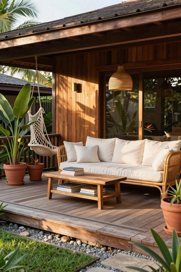 Wooden porch deck with rattan sofa piled with white cushions, low wooden coffee table holding books, hanging macrame swing chair, potted tropical plants, and adjacent grass edged with pebbles.