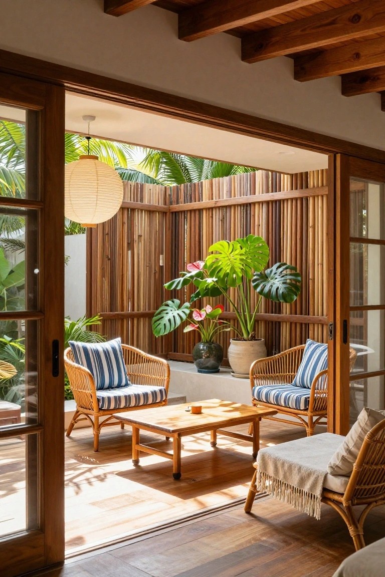 Open wooden sliding doors from an interior room to a sunny courtyard patio featuring rattan chairs with blue cushions around a low wooden table, large potted monstera plants, wooden slat privacy fencing, and tropical palms beyond.