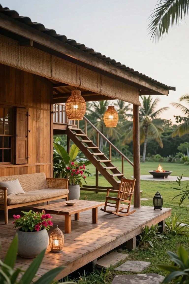 Elevated wooden porch on a tropical house with beige rattan sofa, wooden coffee table, rocking chair, hanging woven lanterns, potted plants, stairs, and a fire pit in the yard amid palms and grass.