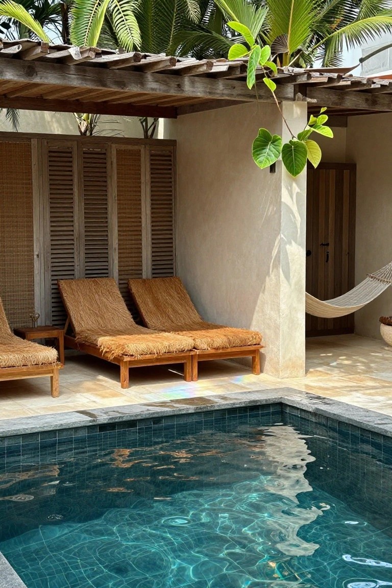 Small turquoise pool with dark edging on a tiled terrace, two adjacent wooden-framed woven loungers, white hammock nearby, wooden shutters and pergola with tropical plants overhead.