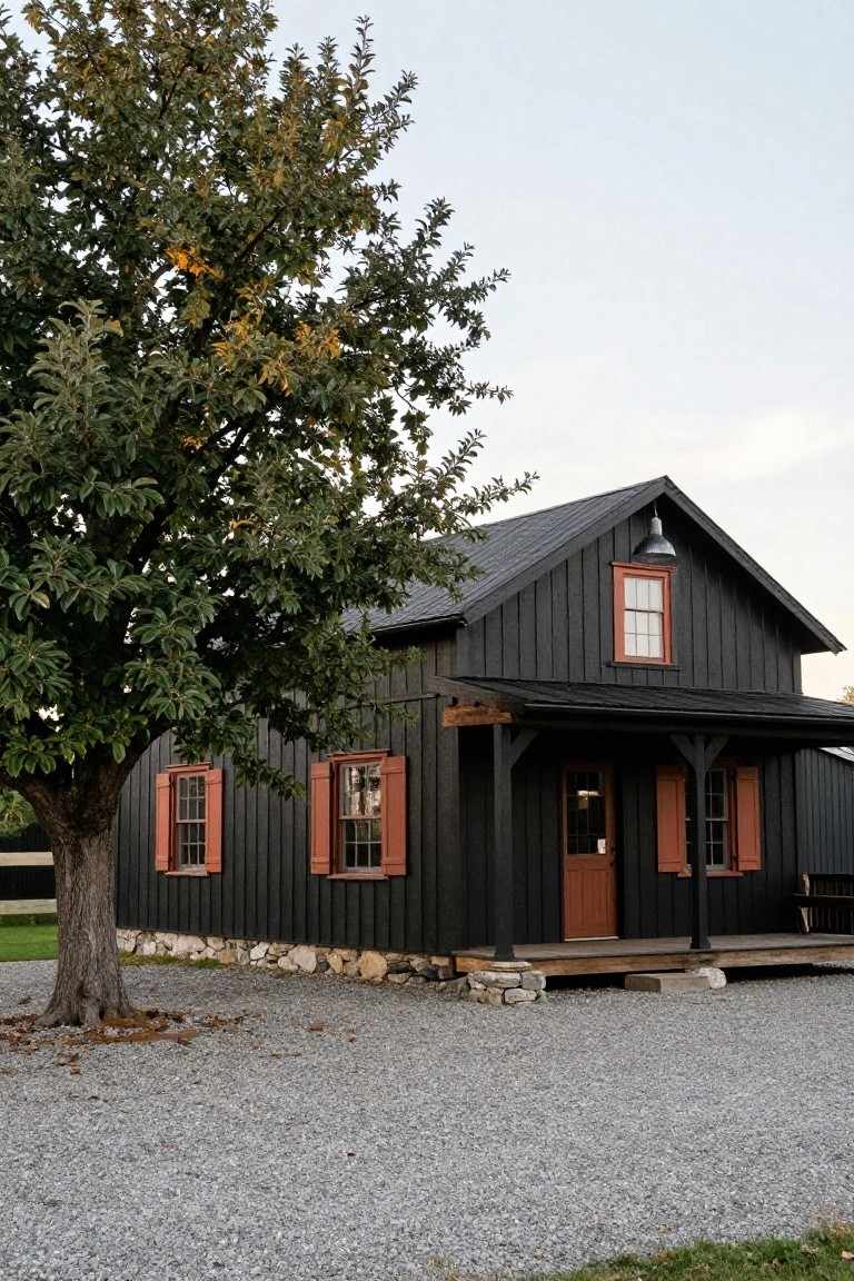 Black board-and-batten wooden cabin with red window shutters and door, covered front porch, stone foundation, large deciduous tree, and gravel driveway.