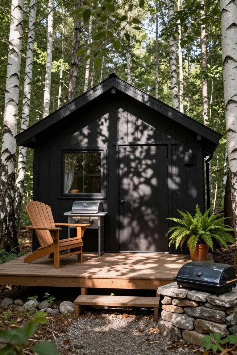Small black wooden cabin with gabled roof and single window on a wooden deck with Adirondack chair, two grills, potted fern, and stone base, surrounded by birch trees and forest floor.