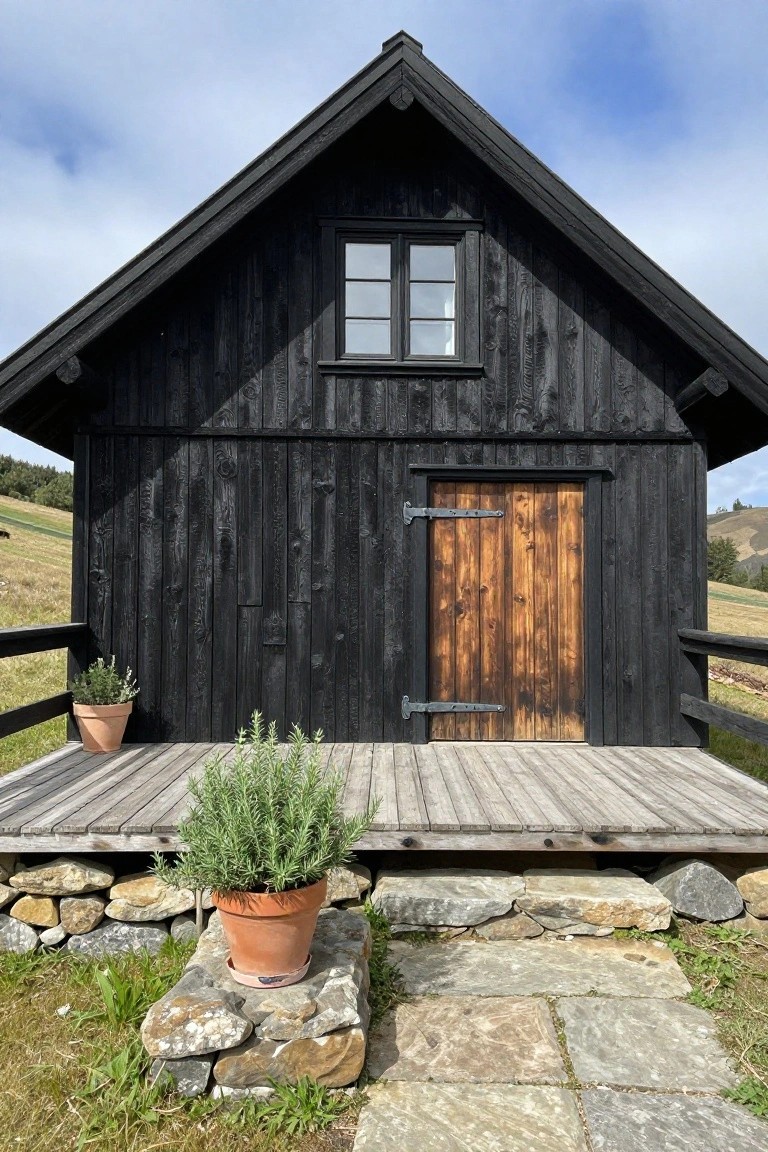 Black wooden cabin with gabled roof, double-pane window, wooden door with iron hinges on a wooden deck, potted rosemary plant on stone base, stone path, and grassy hillside landscape.