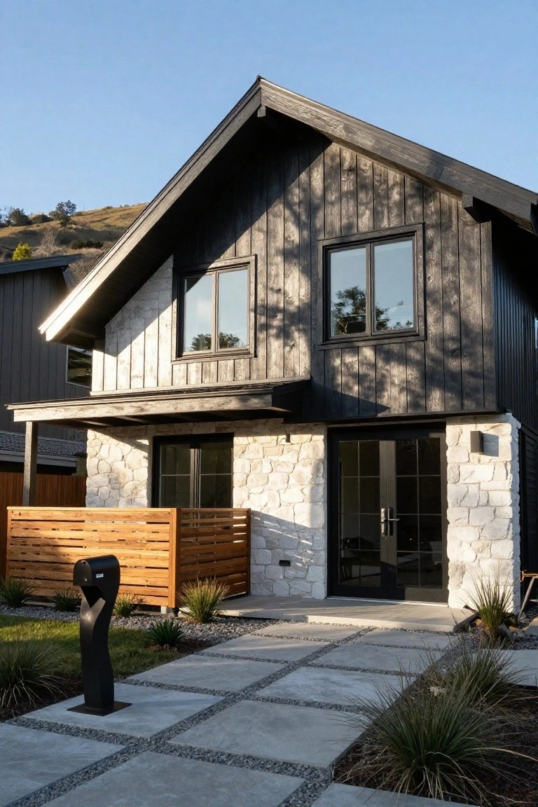 Front view of a two-story house with dark vertical wood siding on the upper level, light stacked stone on the lower level and entryway, black-framed windows and double doors, a horizontal wood slat fence, black mailbox, concrete paver pathway, and low native plants with gravel edging.