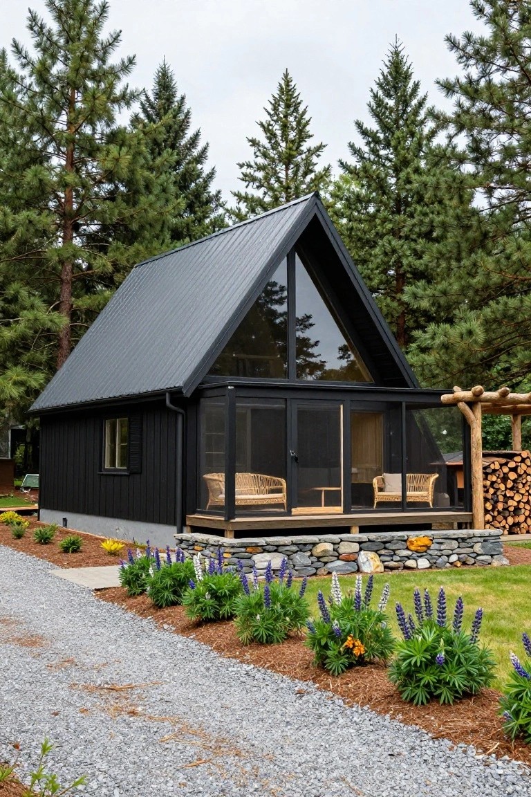 Black A-frame cabin with dark metal roof, large glass gable window, screened porch with wicker furniture, stone foundation, surrounded by pine trees, gravel path, and flower beds with lupines.