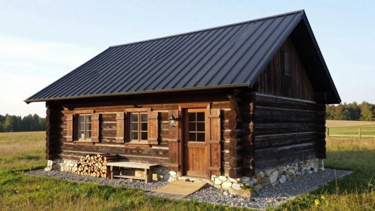 19 Beautiful Rustic Cabin Exterior Ideas for Instant Curb Appeal Rustic log cabin exterior with black metal roof, covered wooden porch including a firewood storage bench, stone foundation piers, and gravel yard with grass and rocks.