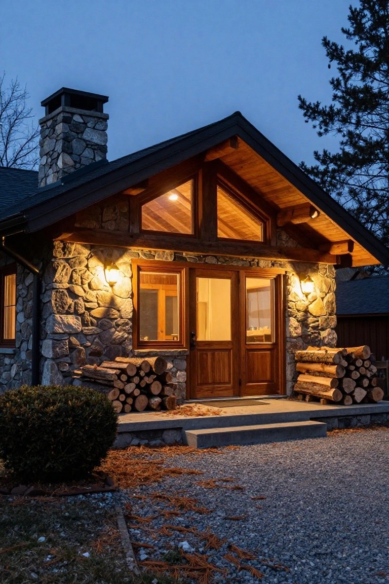 Rustic cabin exterior at dusk with stone walls, timber roofline, double wooden entry doors flanked by firewood stacks, lantern lights, and gravel driveway.