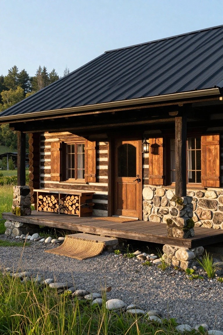 Rustic log cabin exterior with black metal roof, covered wooden porch including a firewood storage bench, stone foundation piers, and gravel yard with grass and rocks.
