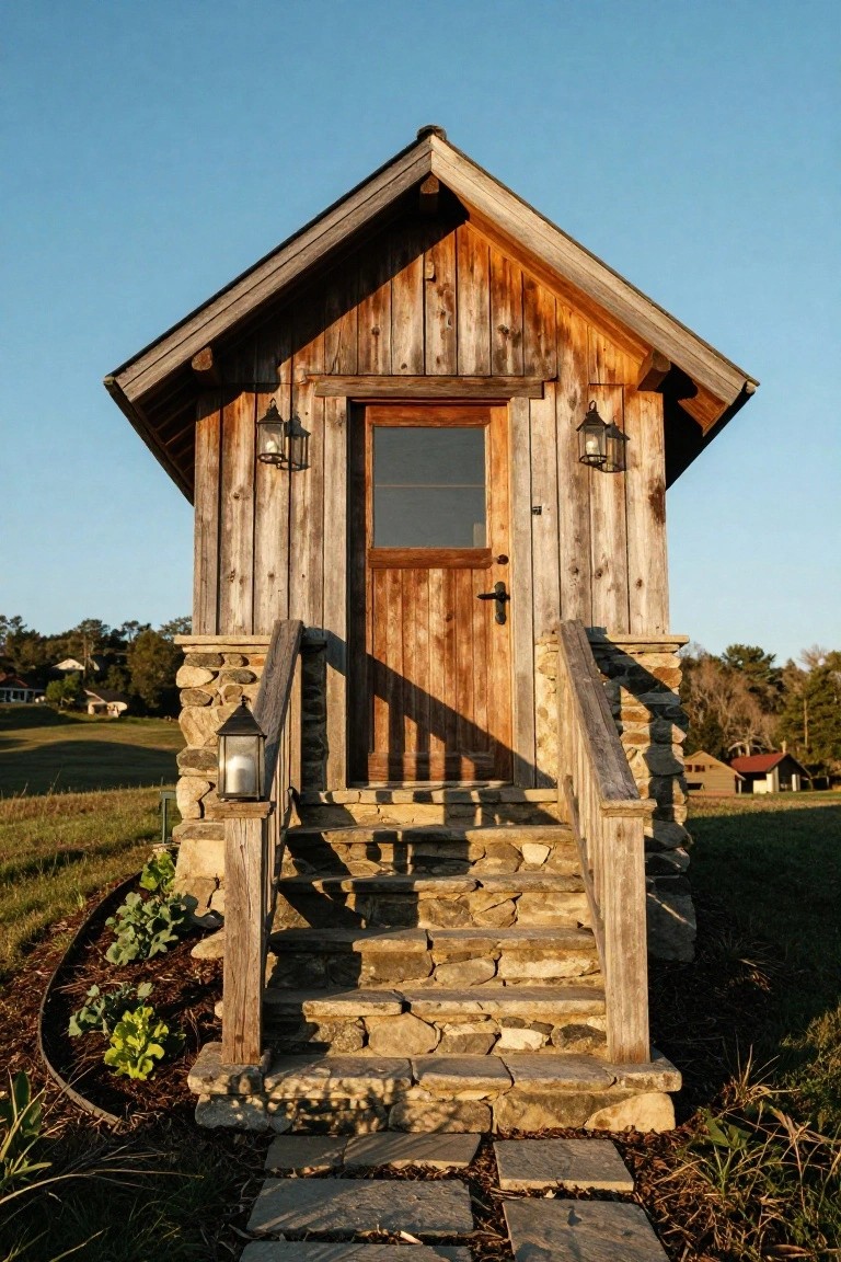 Small rustic wooden cabin with vertical board-and-batten siding, gabled roof, glass-paneled wooden door flanked by lanterns, accessed by wide stone steps with wooden railing and garden bed at the base.