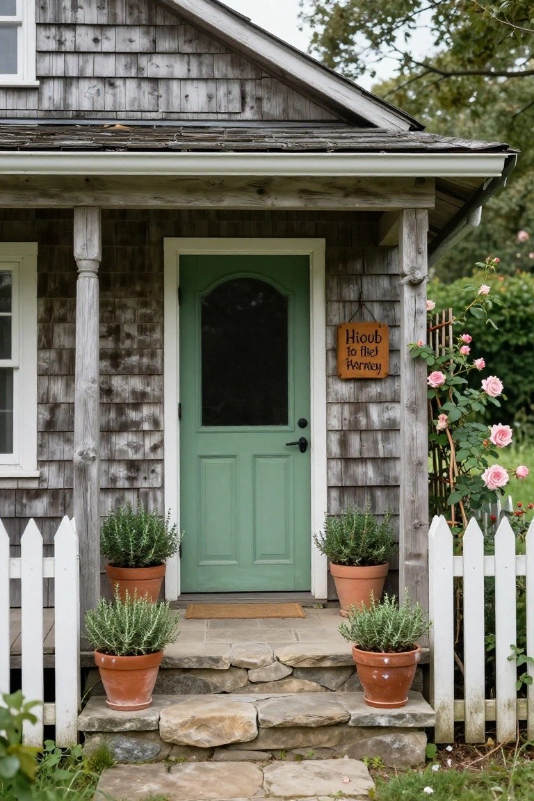 Gray shingled cabin exterior with covered porch, arched green screen door, wooden sign reading "Hioub to Harney", four terra cotta pots of rosemary plants on steps, white picket fence, and pink climbing roses on the side.
