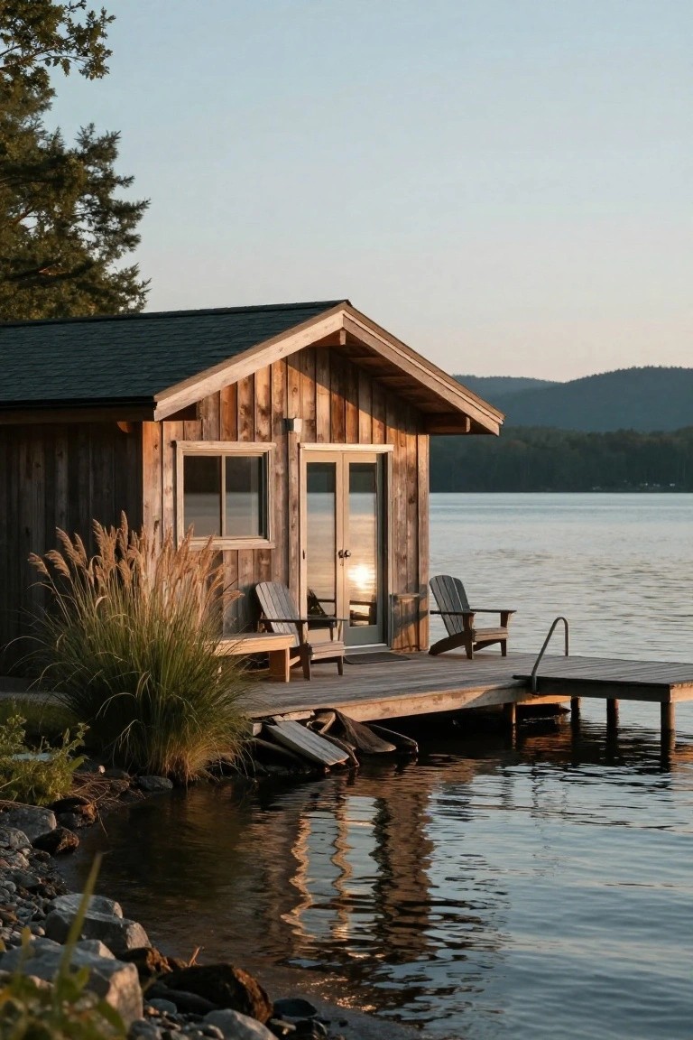 Rustic wooden cabin with horizontal plank siding, large glass French doors, and a side window, built on a wooden dock platform extending over a calm lake, with Adirondack chairs, reeds, rocks, and distant mountains at sunset.