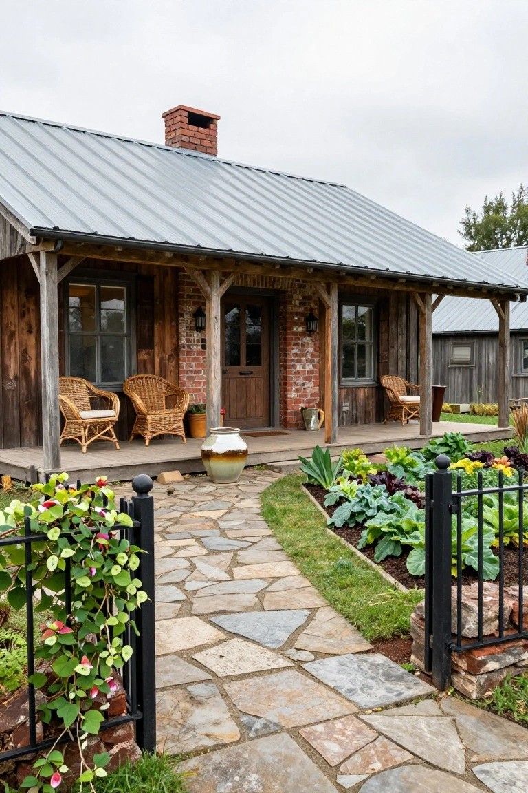 Rustic wooden cabin exterior with gray metal roof, brick chimney, covered porch with wicker armchairs, wooden door, stone pathway leading through black metal gate to raised vegetable garden beds with climbing vines.
