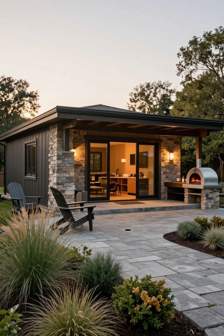 Small rustic cabin with dark vertical wood siding, tall stone pillars at the corner entry, open sliding glass doors revealing interior kitchen, covered porch with paver patio, two Adirondack chairs, built-in stainless pizza oven, and ornamental grasses and shrubs around at dusk.