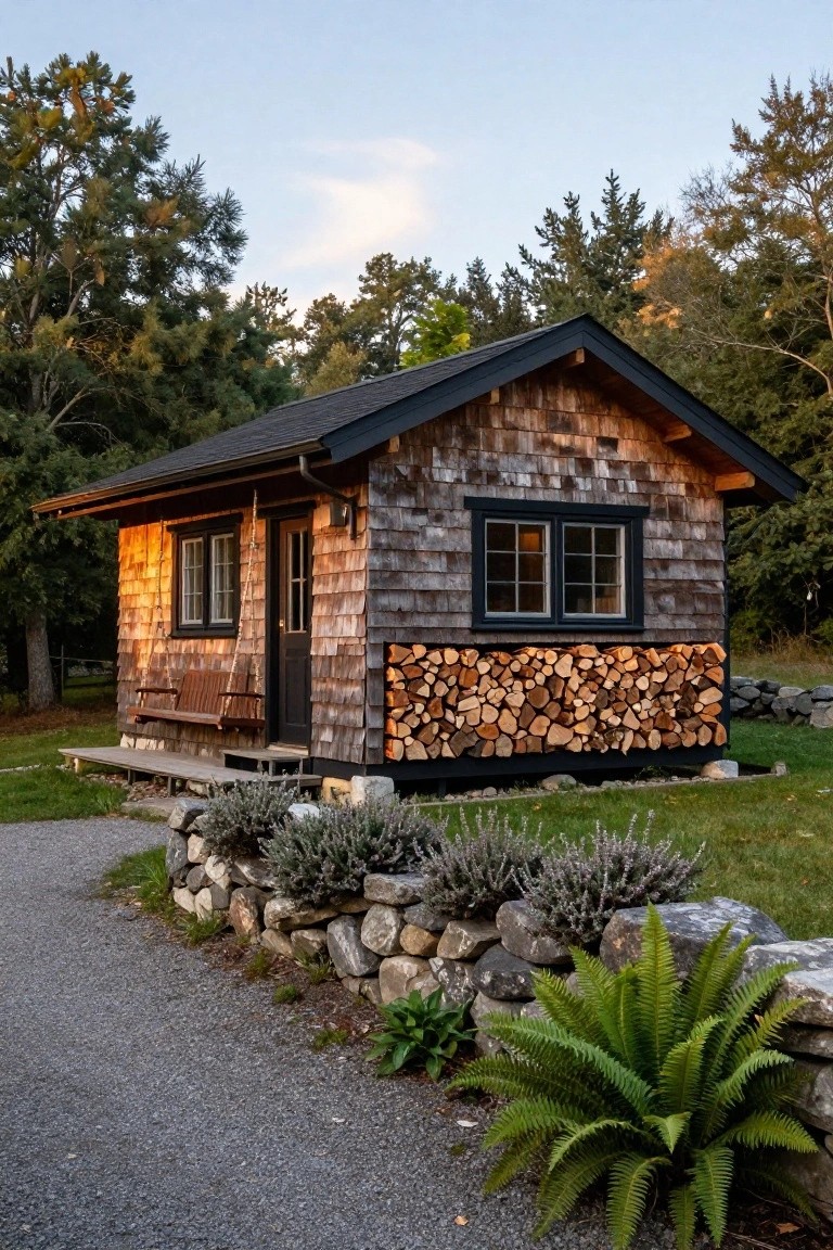 Rustic wooden cabin with stacked firewood, porch swing, ferns, and stone wall.