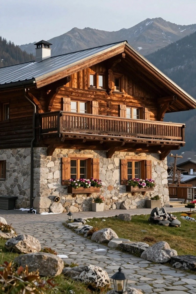 Wooden log chalet with gray stone base, balcony, flower boxes in windows, winding stone path with boulders, and snowy mountains in background.