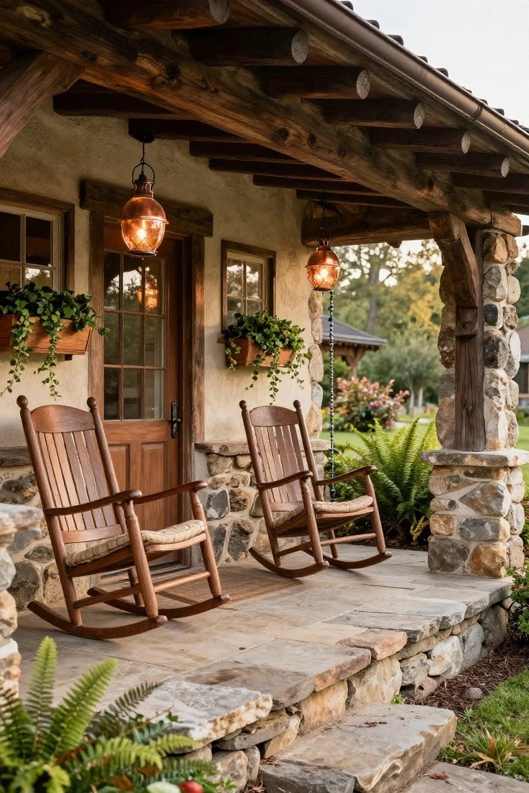 Rustic cabin front porch with two wooden rocking chairs, hanging copper lanterns, potted plants on adobe walls, wooden door, stone pillars, and surrounding greenery.