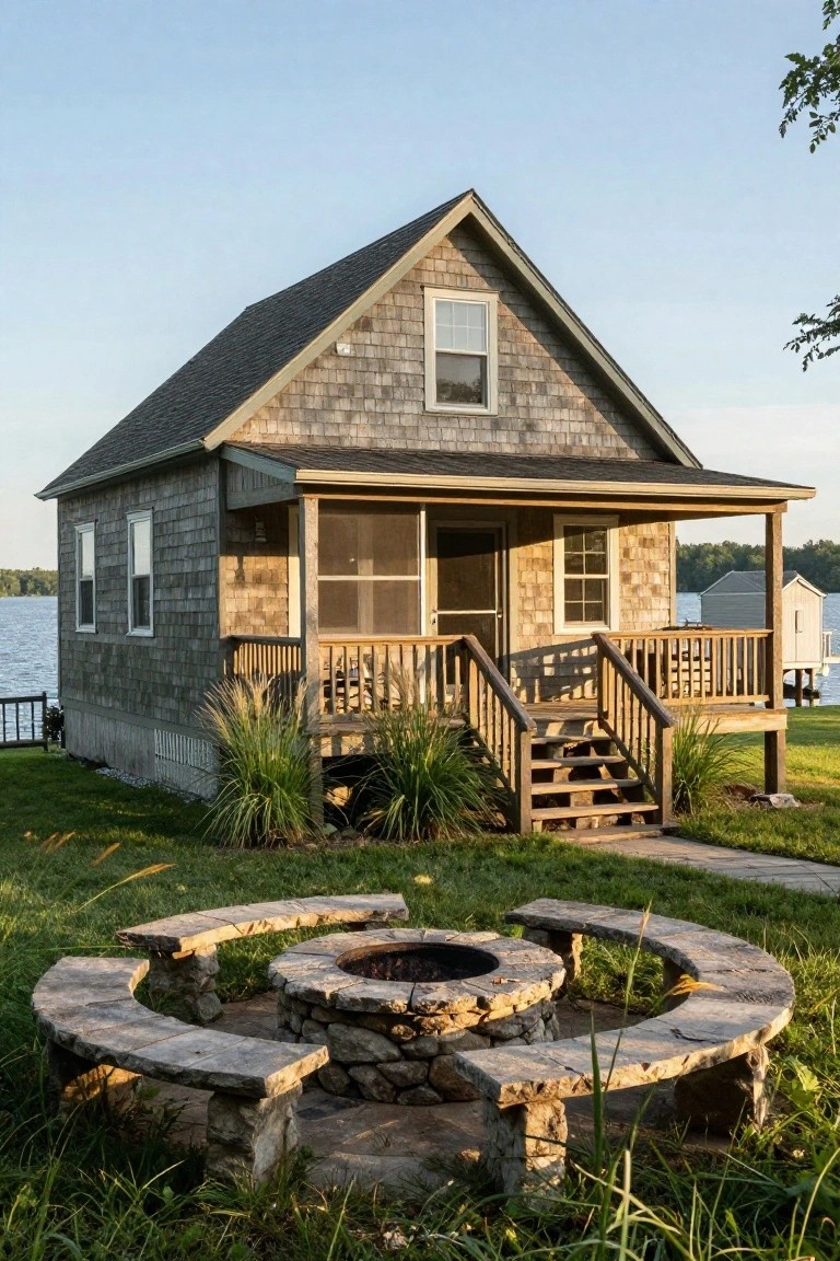 Elevated rustic shingle cabin with screened porch and wooden steps near a lake, stone fire pit with curved stone benches in grassy foreground yard.