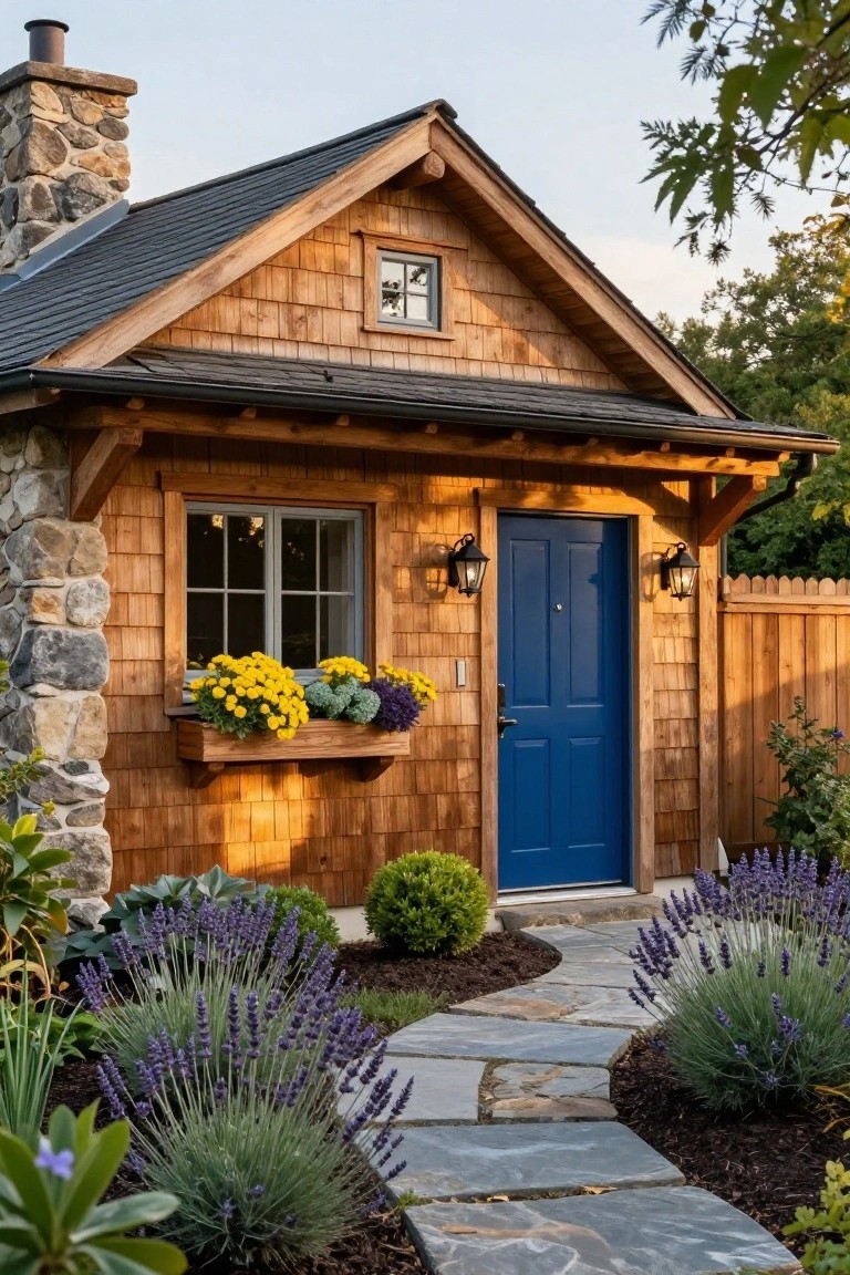 Small rustic cabin exterior with fieldstone base and chimney, cedar shingle siding, blue front door flanked by lanterns, flower box window with yellow and purple blooms, lavender plants, and curved stone path.