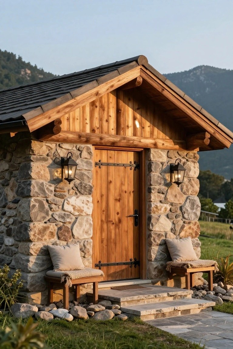 Small rustic cabin exterior with fieldstone walls, wooden door and gable roof, flanked by lanterns and wooden benches with beige cushions, stone steps, gravel and plants at base, mountains and grass in background.
