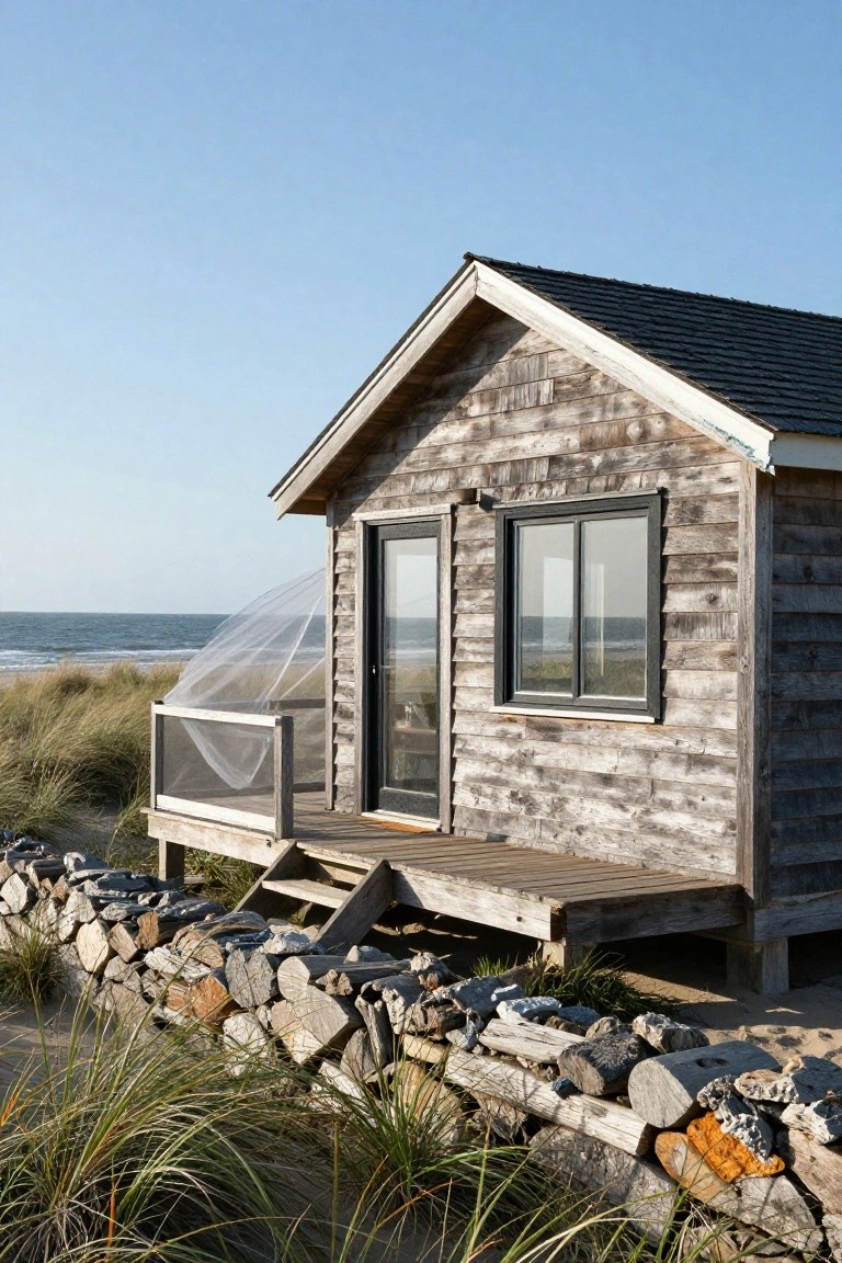 Small elevated wooden cabin with gray weathered horizontal siding, black-framed glass door and windows, shingle roof, wooden deck with stairs, stone and driftwood retaining wall, surrounded by beach grass and dunes near the ocean.