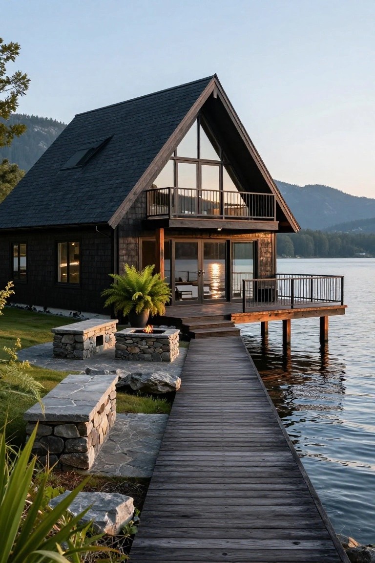 Black shingle-clad A-frame cabin with large triangular glass window, balcony, sliding doors to wooden deck with stone fire pit benches and potted fern, and pier extending into lake with mountains in background.