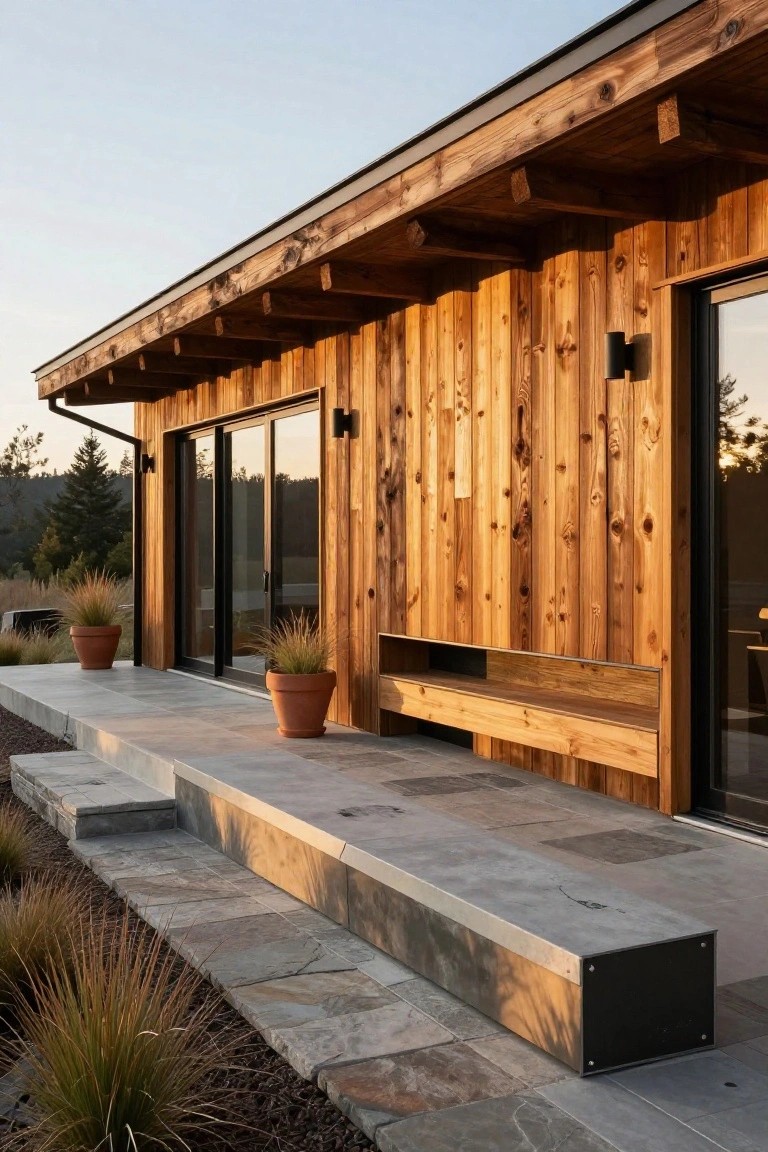 Side exterior of a rustic wooden cabin with vertical board cladding, black-framed sliding glass doors, wall-mounted lights, integrated wooden bench with metal edging on a concrete patio, potted grasses, and gravel landscaping.