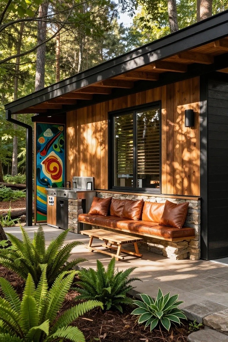 Modern rustic cabin exterior with warm wood siding, black metal trim and roof overhang, side porch featuring built-in stone bench with tan leather cushions, wooden low table, stainless steel outdoor grill and sink, colorful mural on end wall, ferns and forest surroundings.