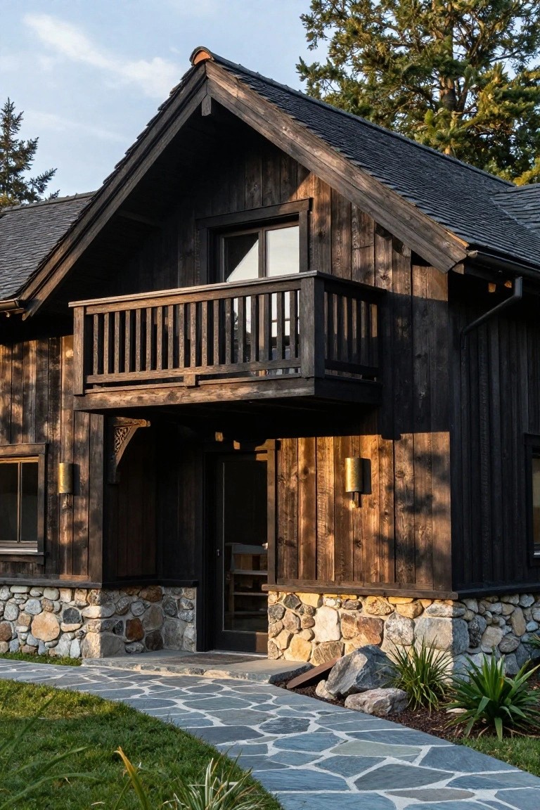Rustic cabin exterior with dark vertical wood siding, stone foundation, balcony above the entry door, flanked by lanterns, and a curved stone pathway leading from grass and plants.