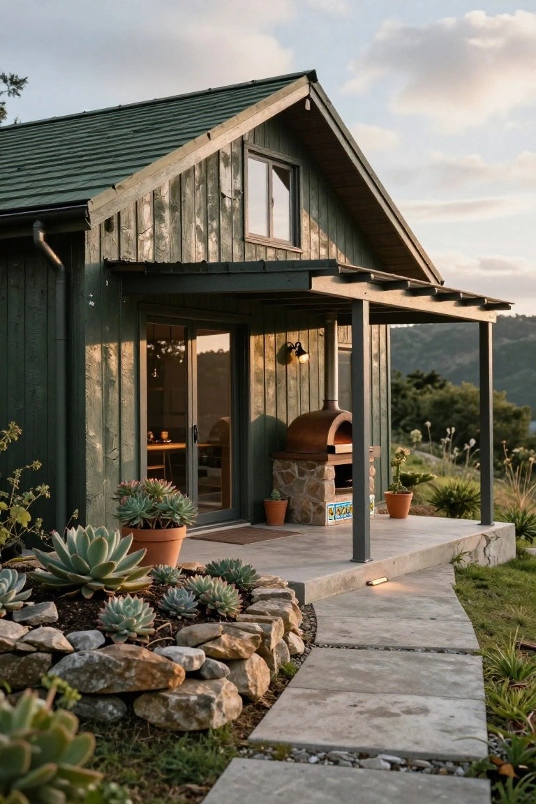 Dark green wood-clad cabin with pitched green metal roof, covered porch, stone-based outdoor pizza oven, potted succulents, rock wall, and stone path, viewed from the side against hills at dusk.
