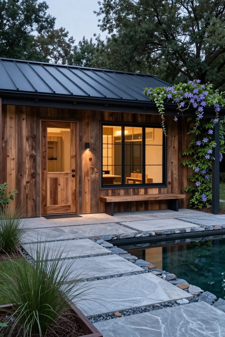 Small rustic cabin with vertical cedar siding, black standing-seam metal roof, wooden door and large window, built-in bench, climbing purple vine, stone paver path, grasses, and edge of a pool.