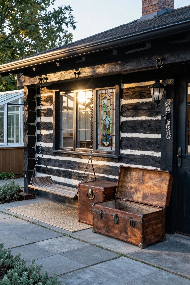 Rustic log cabin exterior with dark-stained horizontal logs and light chinking, a hanging porch swing, stained glass window, lantern light, black front door, and two vintage wooden trunks on a slate stone patio with seagrass rug.