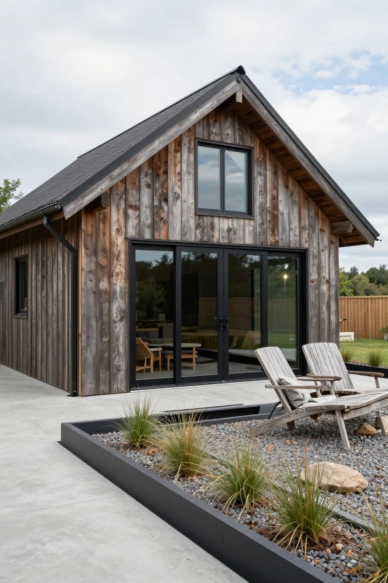 A small gabled cabin with dark weathered vertical wood siding, black-framed sliding glass doors and windows, concrete patio, Adirondack chairs, and gravel planting beds edged in black metal.