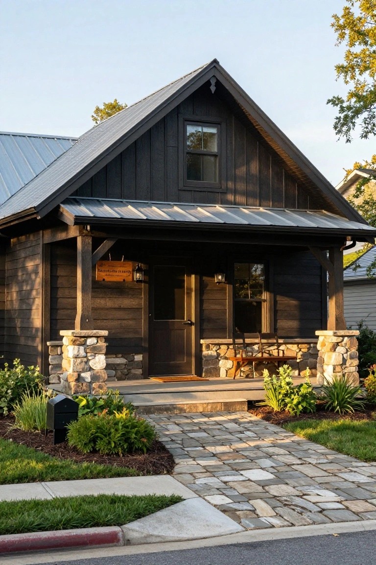 Small gabled cabin with dark wood board-and-batten siding, black metal roof, covered front porch on stone pillars, wooden bench, stone pathway, and low plantings leading from the street.