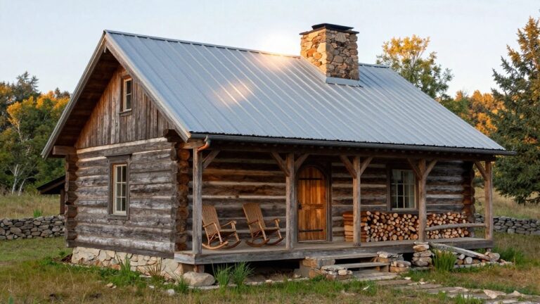 Log cabin with stacked stone chimney, corrugated metal roof, wooden front porch holding two wicker rocking chairs, wood stack nearby, and dry stone wall in front, amid grass and trees on a hillside.