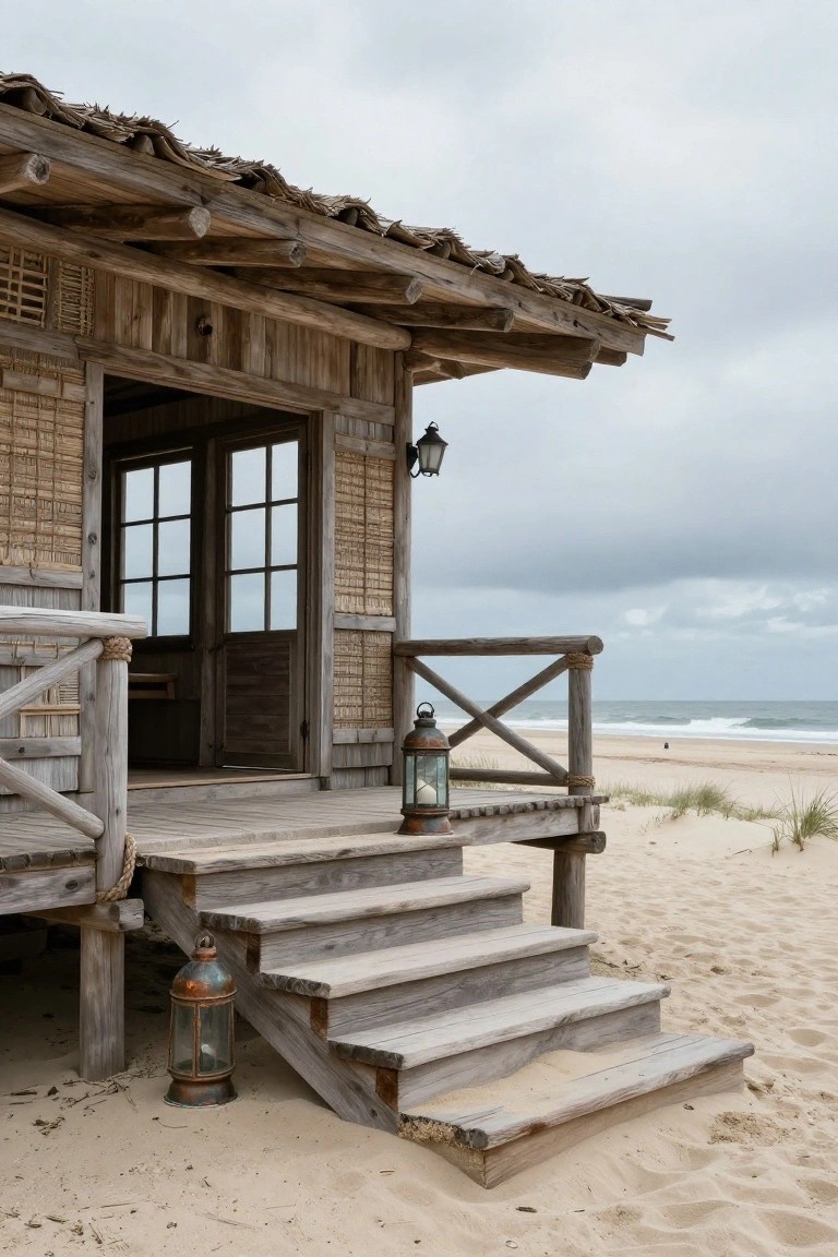 A rustic wooden cabin elevated on stilts sits on a sandy beach with dunes, featuring a thatched roof, bamboo screens on the walls, open doors to a porch with wooden railings and steps leading down to the sand, lanterns hanging nearby, and the ocean in the background under a cloudy sky.