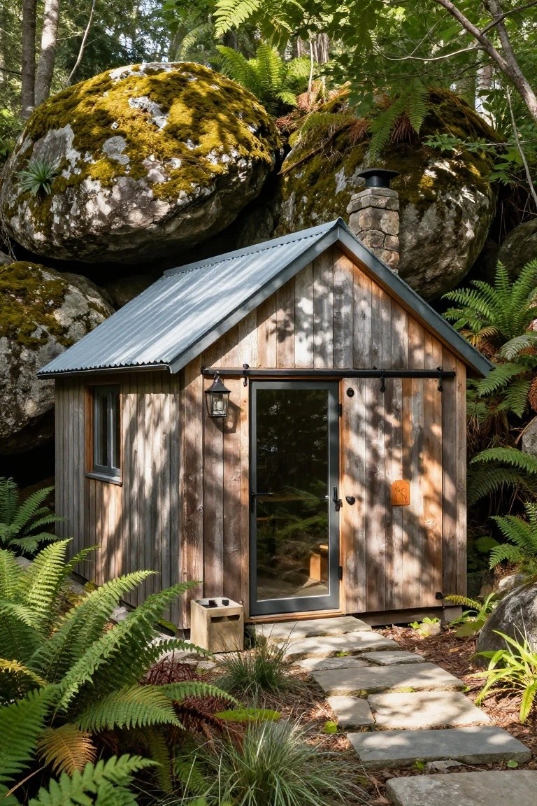 Small wooden cabin with vertical plank siding, corrugated metal roof, stone chimney, glass door, and lantern light, positioned against large moss-covered boulders surrounded by ferns and a stone path in a forest setting.