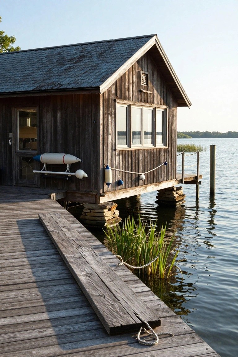 Rustic wooden cabin with slate roof elevated on stone-topped pilings above a lake, featuring a side-mounted boat cradle, buoys, ropes, and an adjacent wooden dock.