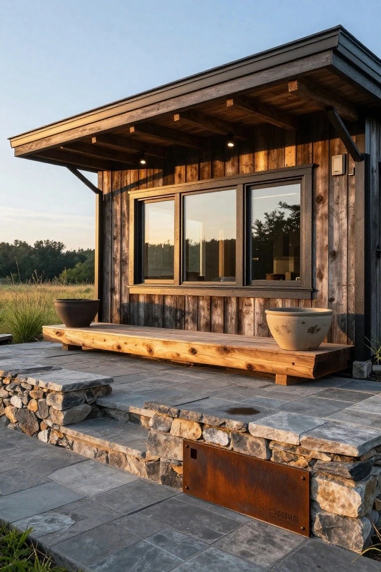 Rustic cabin exterior with dark vertical wood siding, large black-framed triple window, wooden overhang and deck platform holding two large planters, stone retaining wall and steps on a slate patio, surrounded by grass and trees at sunset.
