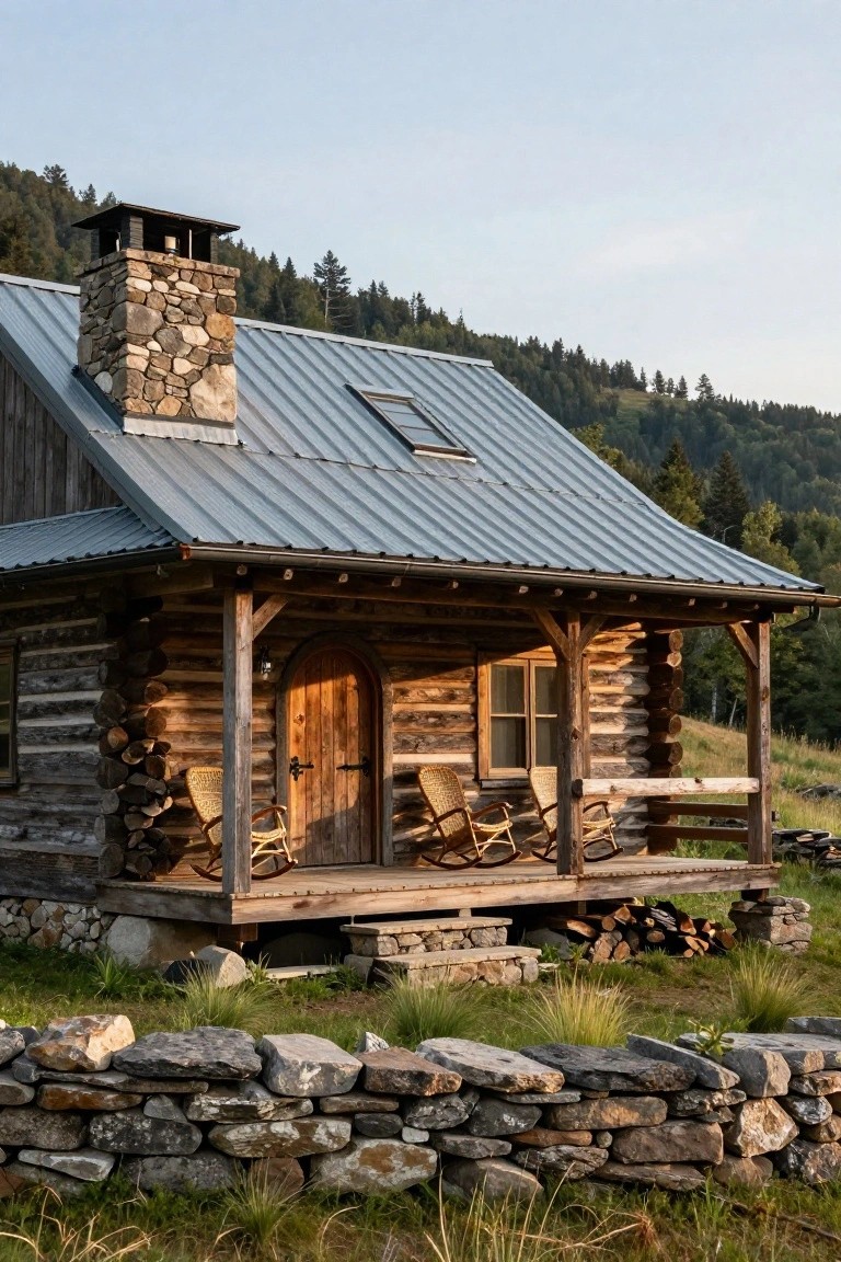 Log cabin with stacked stone chimney, corrugated metal roof, wooden front porch holding two wicker rocking chairs, wood stack nearby, and dry stone wall in front, amid grass and trees on a hillside.
