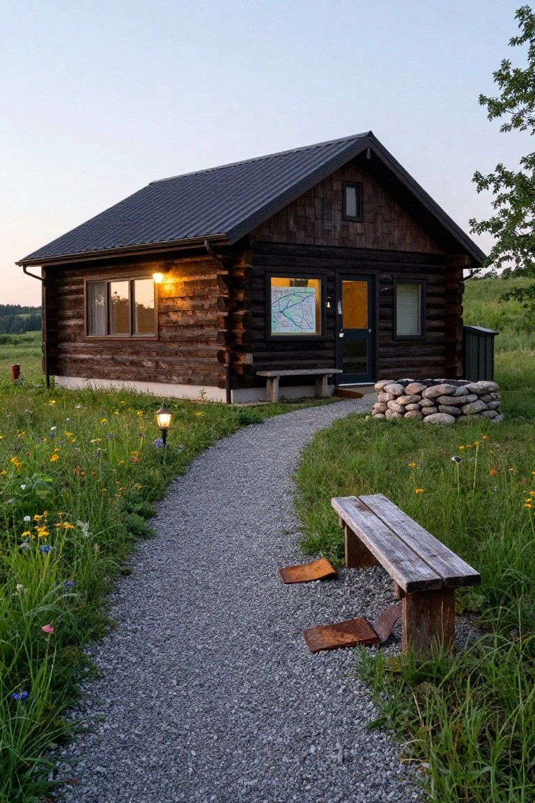 Small log cabin exterior at dusk with dark metal roof, lit windows, gravel path curving to the front door, stone fire pit nearby, wooden bench, and wildflowers along the edges.