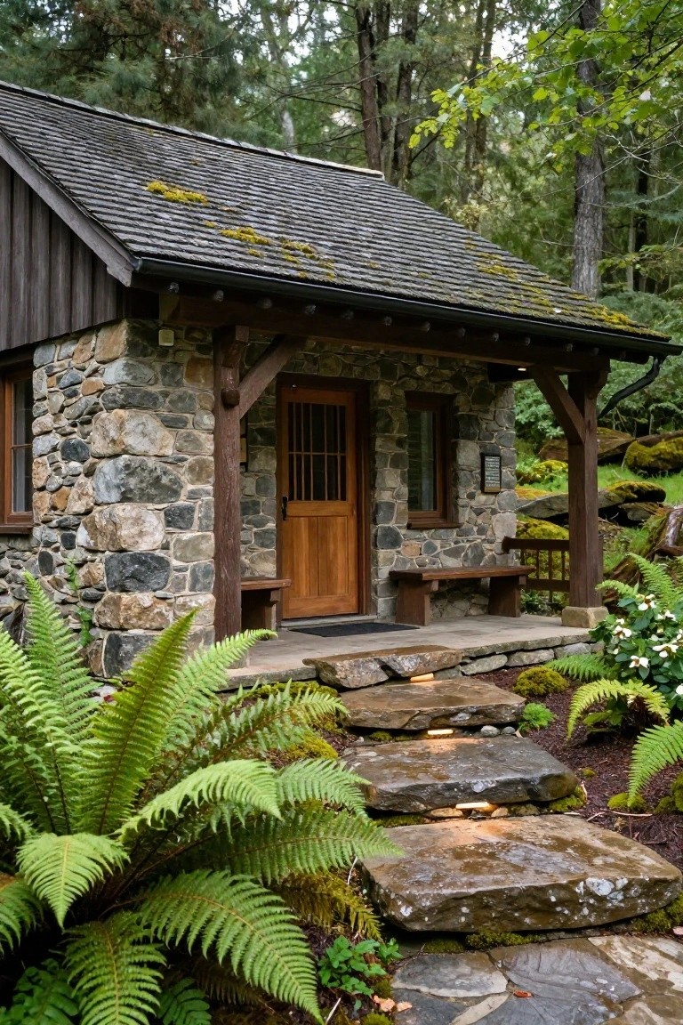 Small rustic cabin with irregular stone walls, timber-beamed porch, wooden door with bars, mossy slate roof, stone steps with ferns leading to the entrance, set in a forested area.