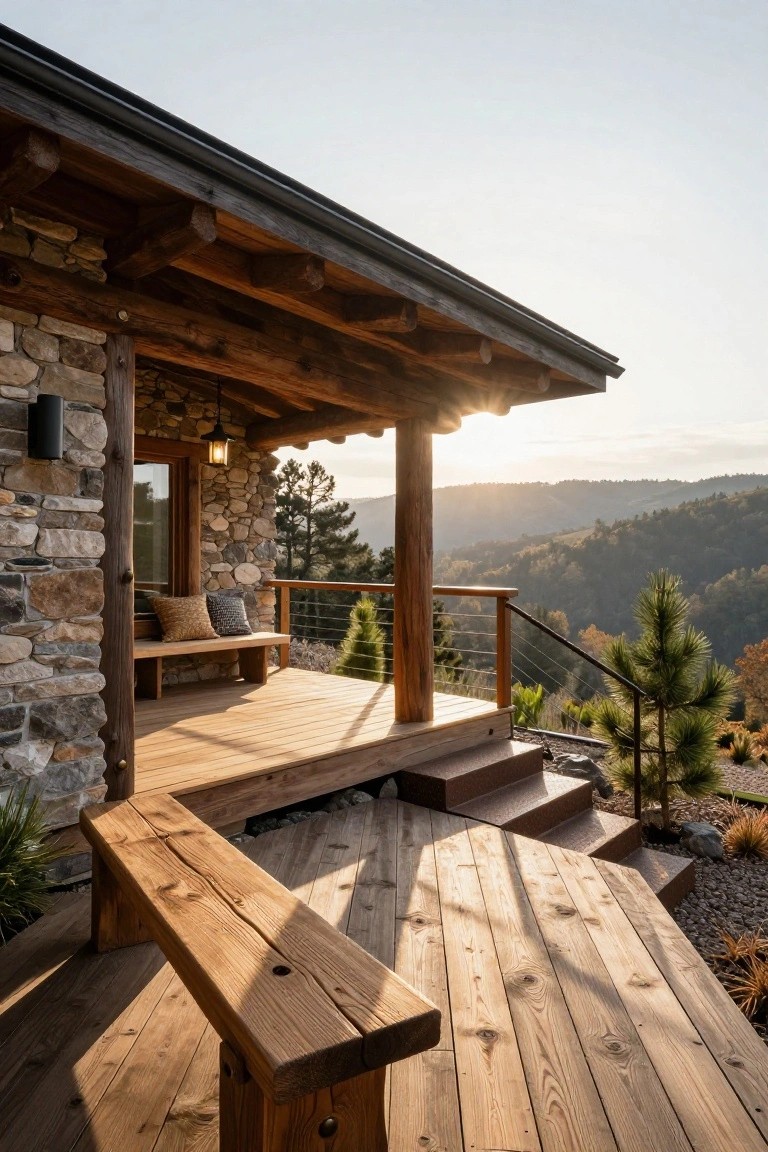 Rustic cabin corner with stone walls, timber porch posts, wooden deck and benches, cable railing, small trees, and mountain valley view at sunset.